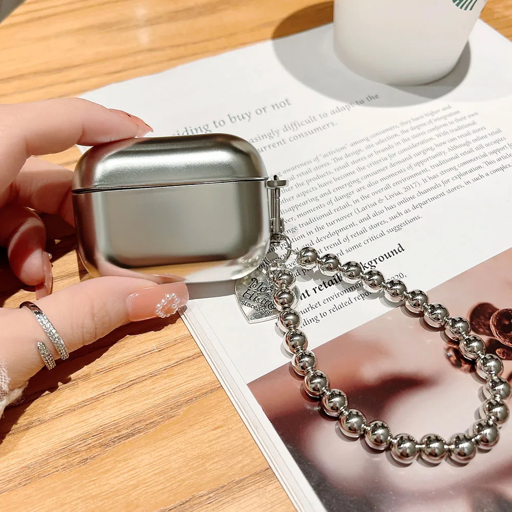 Luxury Plating Silver Cases With Heart Pendant Bracelet Chain For Airpods 4 Pro 2 Earphone Box Shockproof Bag For Airpod 3 Cover