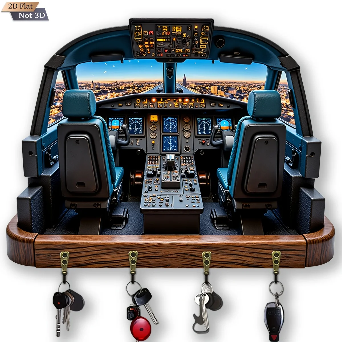 2D Flat, 1pc, Airplane Cockpit Theme Key Hook Wooden Multifunctional Home Key Holder with 4 Metal Hooks, Wall Decoration, Porch