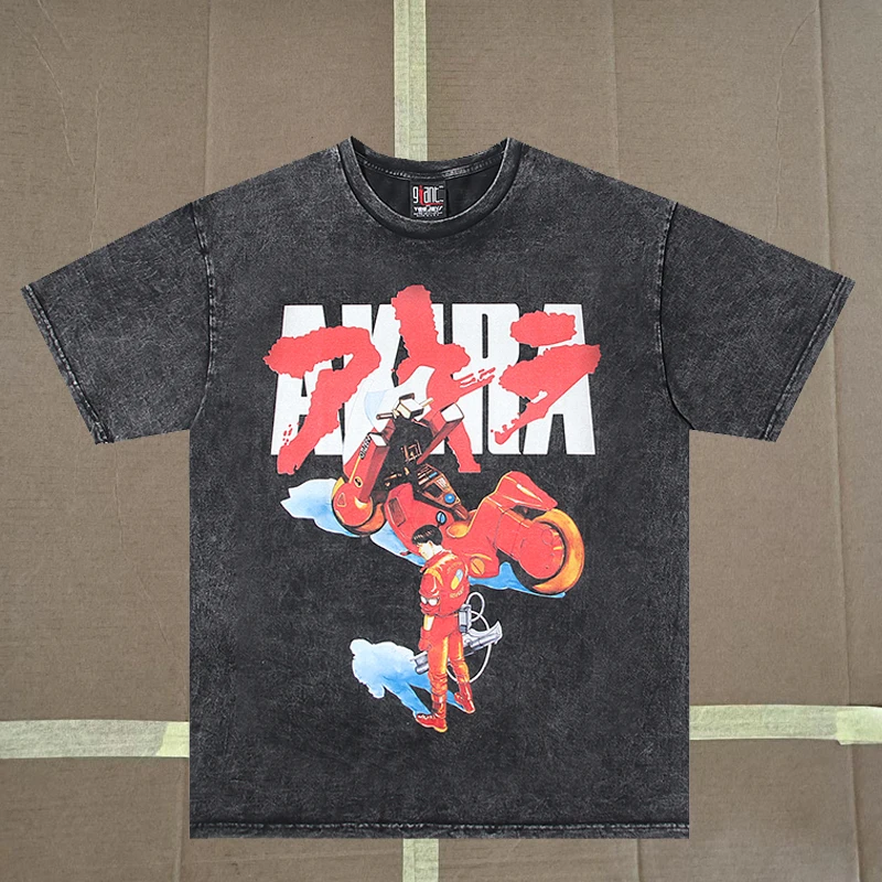 New Akira Vintage Wash Black Anime Character Motorcycle Print T-shirt Men Women's Leisure Pure Cotton Loose Akira Couple T Shirt