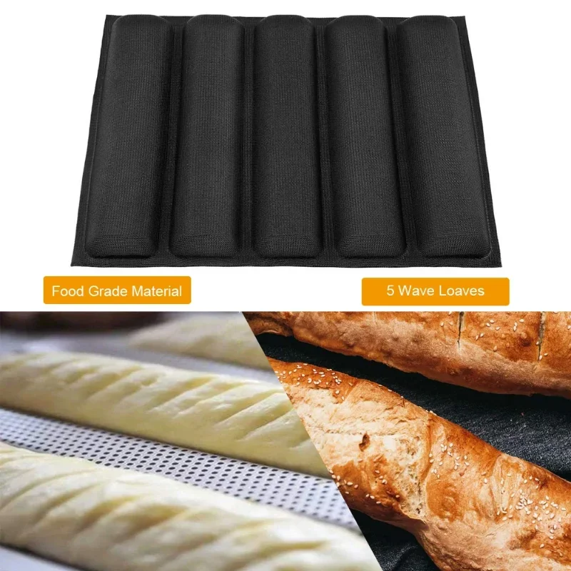 12 Inch Silicone French Bread Pan Non-Stick Baking Tray 5 Loaf Baguette Mold Liners Bakeware Sub Rolls Perforated Baking Pan Mat