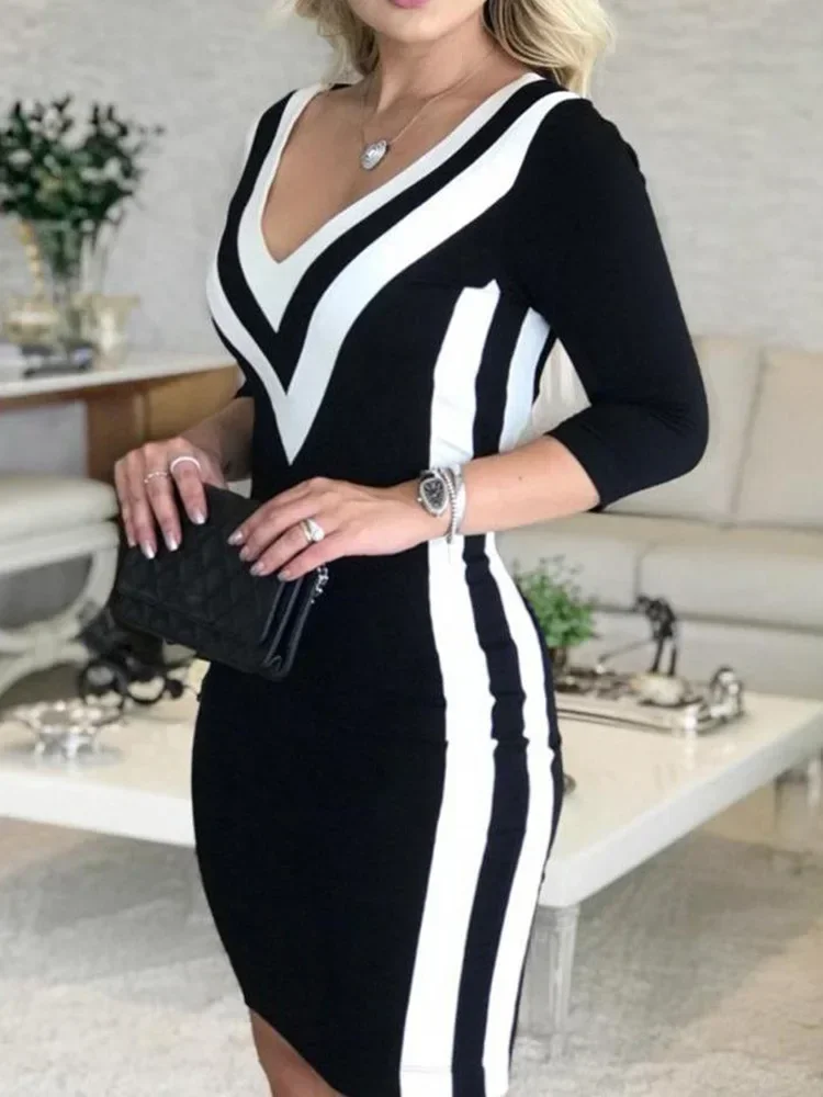 Kontrastfarbe gestreiftes Band, figurbetontes Kleid für Damen, sexy V-Ausschnitt, lange Ärmel, Partykleid