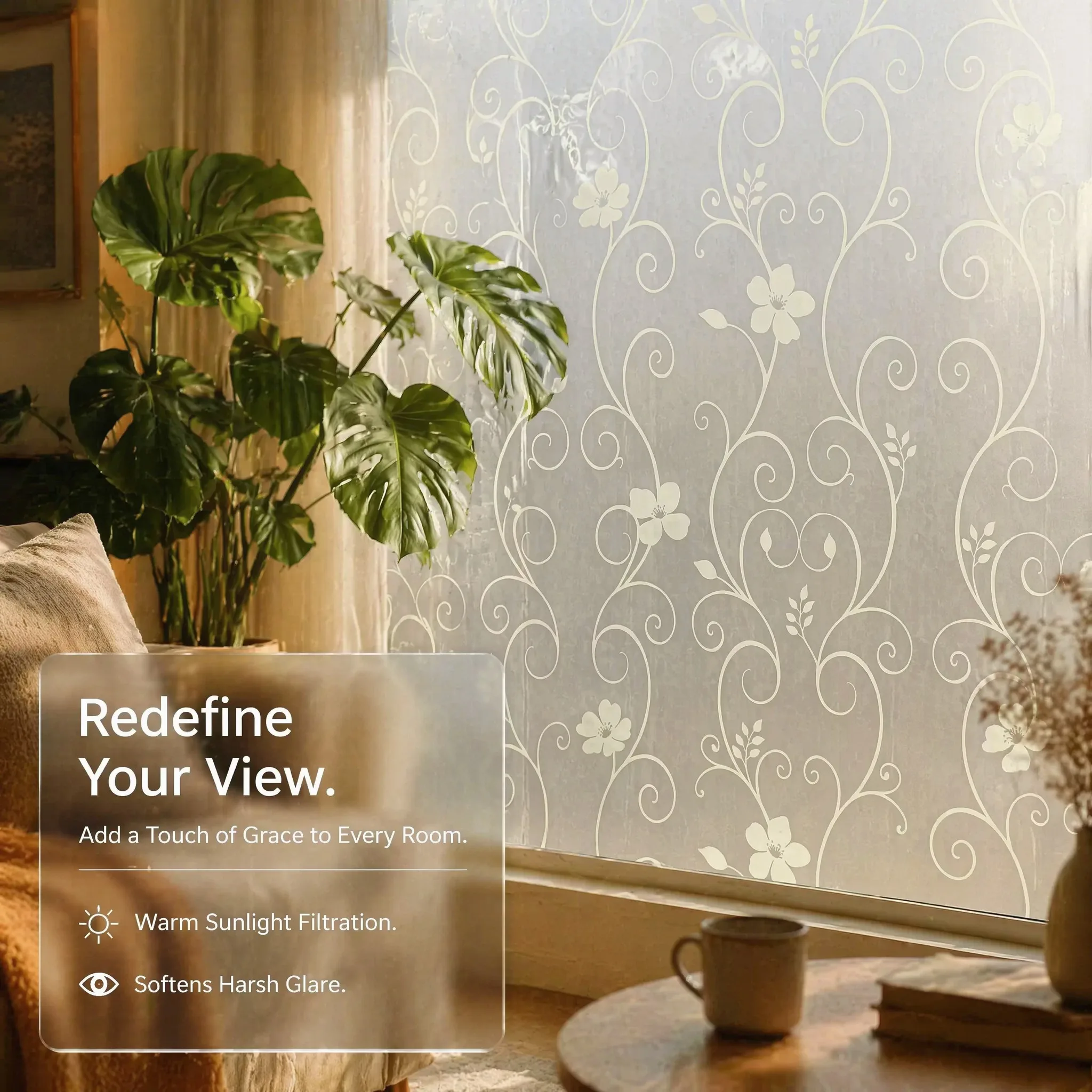 Classic Scroll Swirl Flower Window Privacy Film Self-Stick DIY Peel & Stick Residue-Free Anti-Glare Steam Resistant Frosted Deco