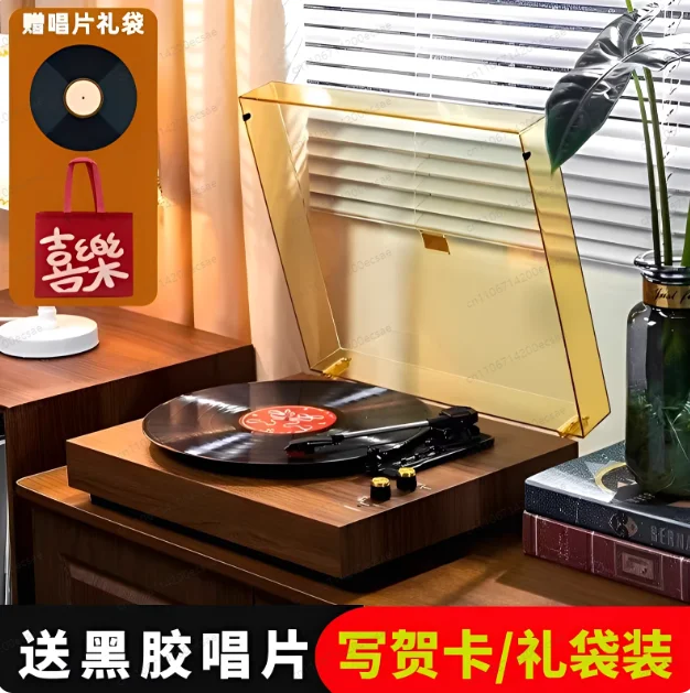 Portable vinyl record player acrylic dust cover desktop dual speaker system vinyl phonograph