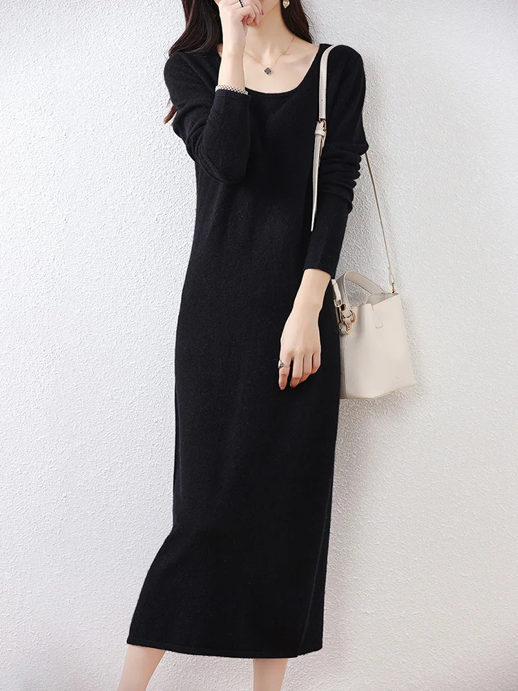 

New Spring Autumn U-neck Wool Sweater Dresses for Women Long Sleeve Purllover 100% Merino Wool Knitwear Grace Solid Dresses