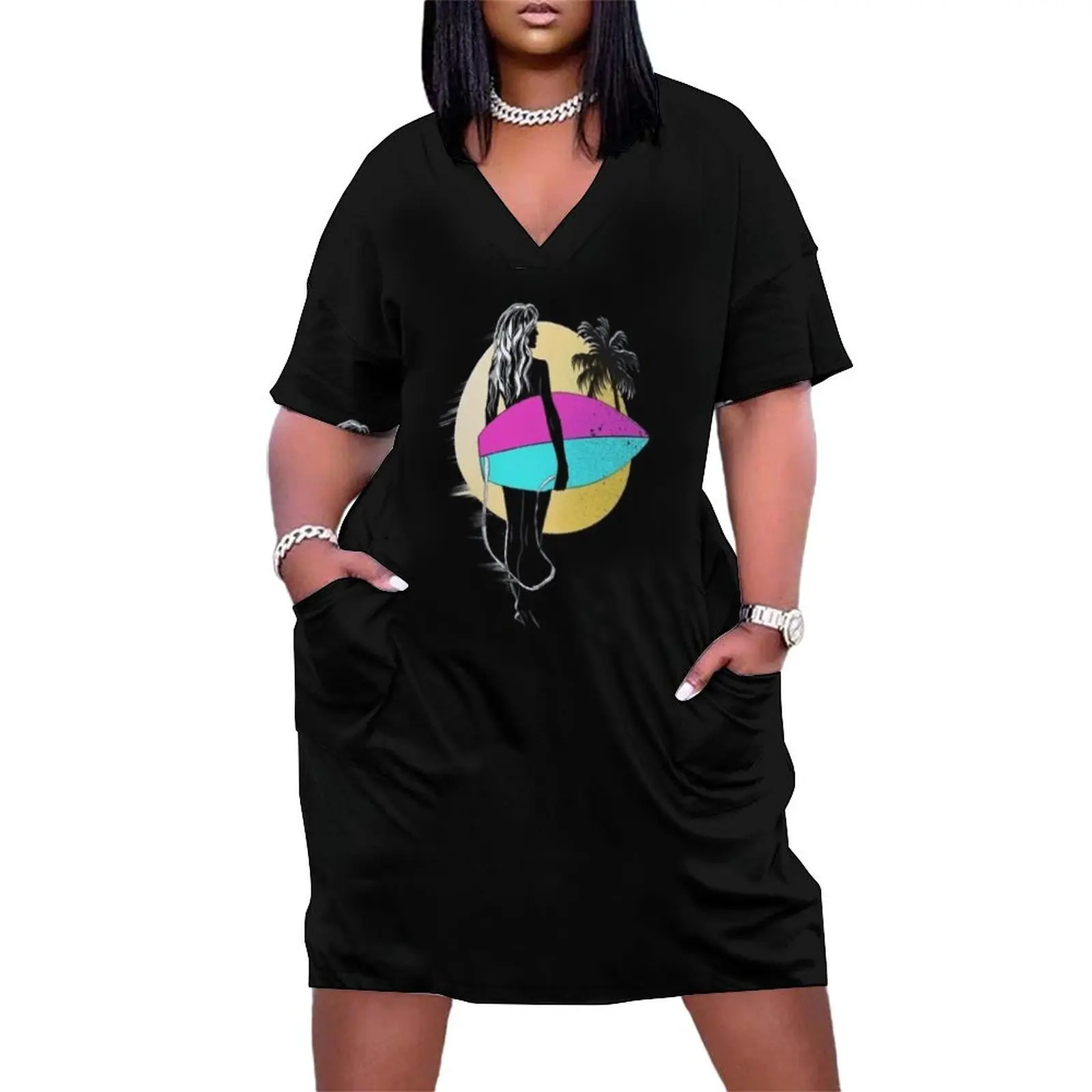Surfendes Mädchen, Surf, Surfer-T-Shirt. Lockeres Taschenkleid, Geburtstagskleider für Damen, elegante, lockere Kleider für Damen, elegantes Kleid
