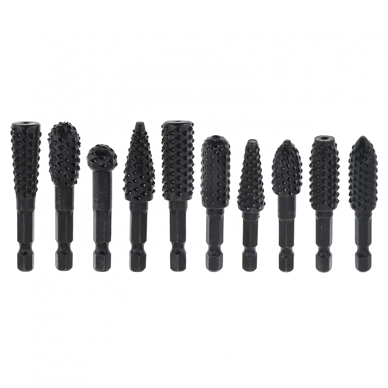 10pcs/set Rotary Burr Wood Carving Rasp Files Set for Deburring / Shaping / Grooving Woodworking Tool with 1/4-Inch Hex Shank