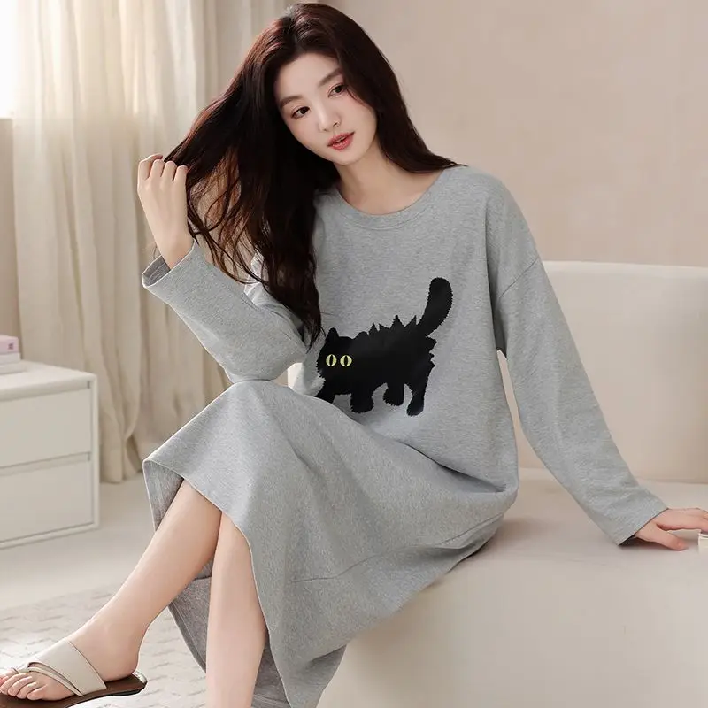 

2025 New Autumn Plus Size Long Sleeve 100% Cotton Nightgowns for Women Cute Cartoon Sleepwear Night Dress Nightdress Home Nighty