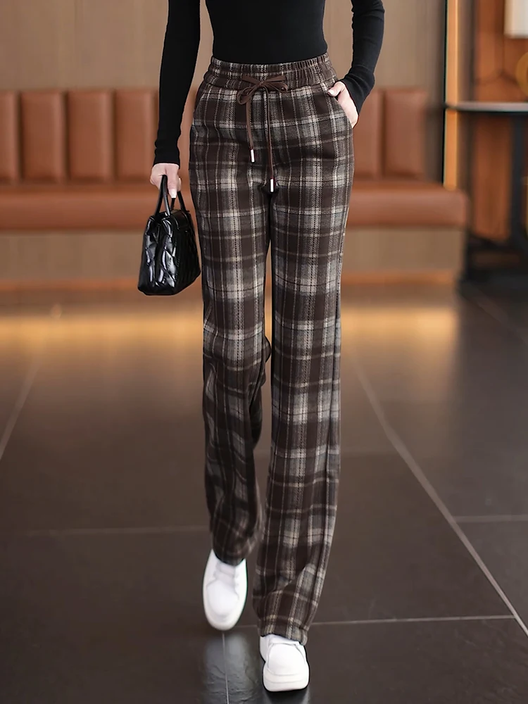 

High Waist Fleece Lined Tweed Plaid Pants Women's Autumn Winter Loose Straight Leg Casual Elastic Waist Slim Fit Wide Leg Pants