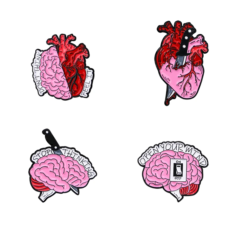 4Pcs/Set Personality Knife Heart And Brain Collection Pins Creative Open Your Mind Don't Think Feel It Enamel Brooches