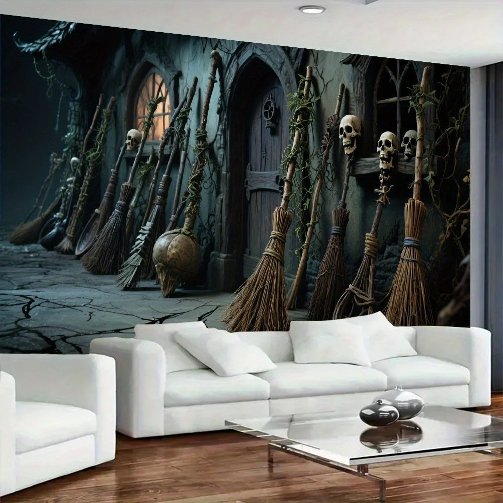 VIKAMA Halloween Gothic Wall Tapestry Vine Witch Broom Skeleton Castle Dark Withered Magic Ghost House Wallcloth Party Decor