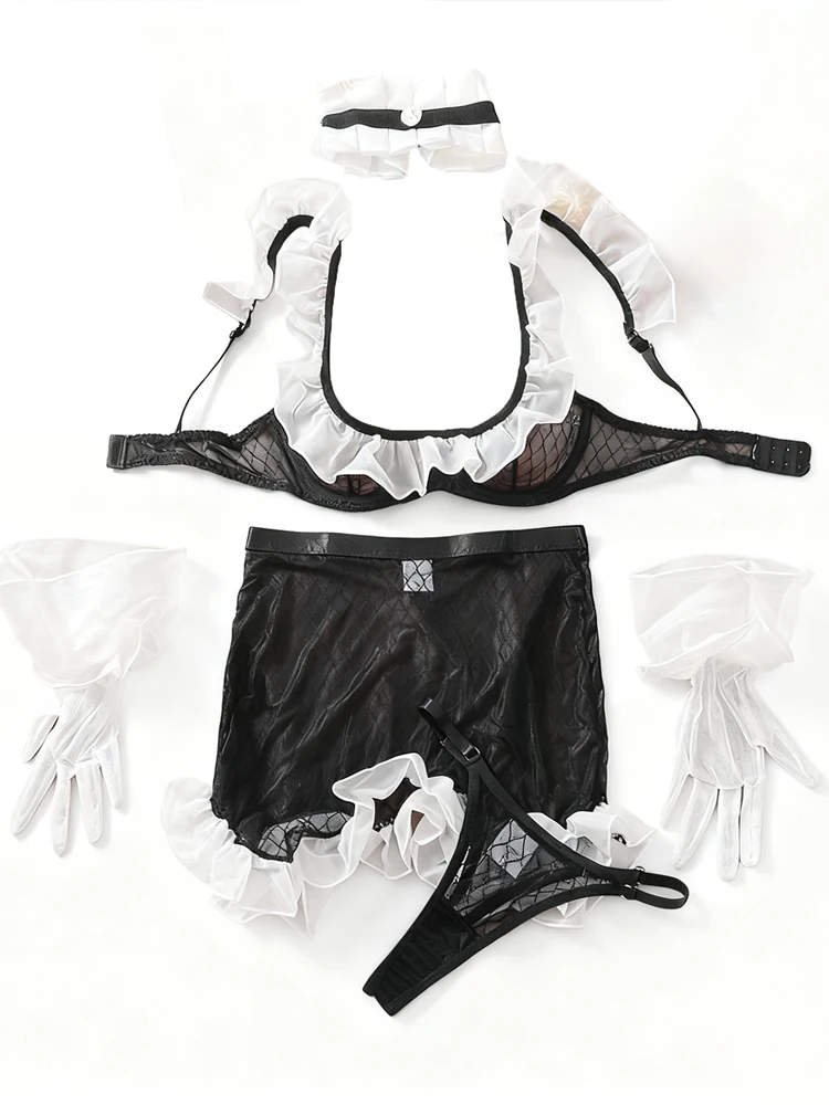 Sexy Fashion Contrast Color Lingerie Maid Uniform Women's See Through Mesh Underwear with Gloves Neck Loop Fun Five Piece Set