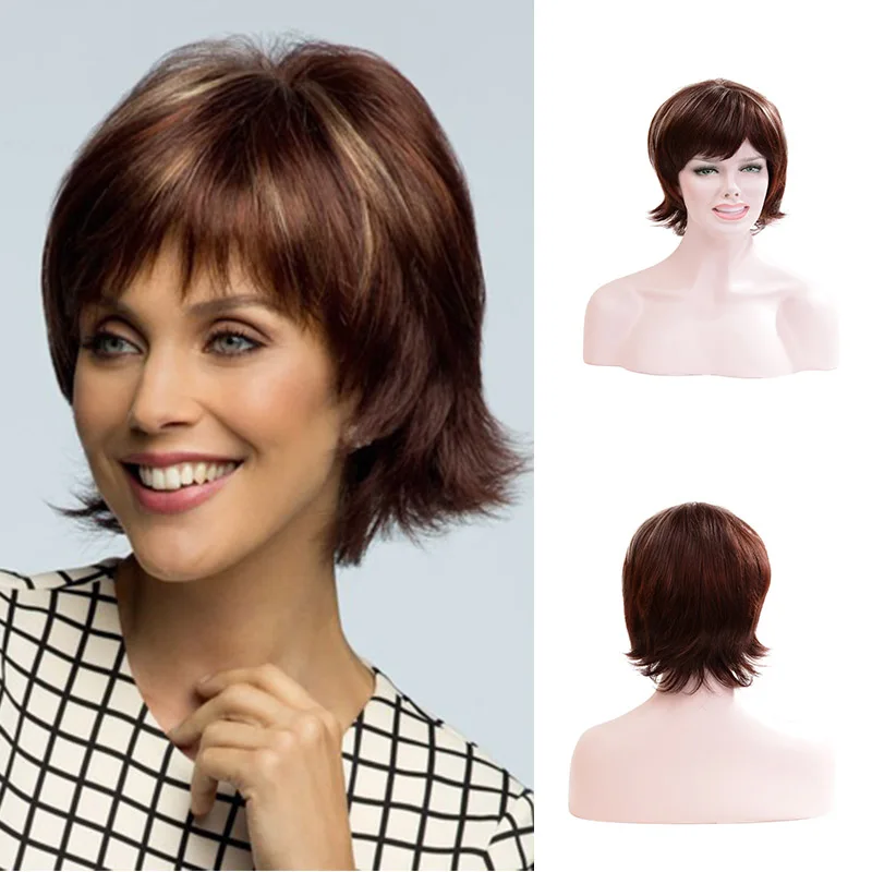 

Short Ombre Brown Wig Synthetic Straight Hair With Bangs Women Natural Daily Wear Wig