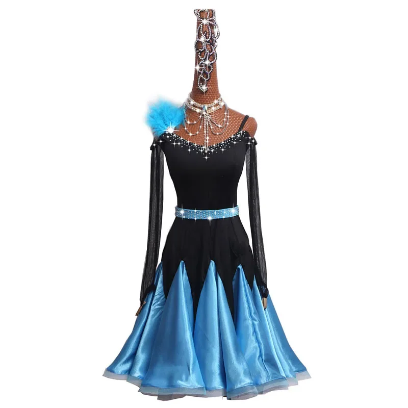 Vestido de baile latino para mujer, traje de baile de salón de manga larga con diamantes de imitación de alta calidad, falda de competición/práctica