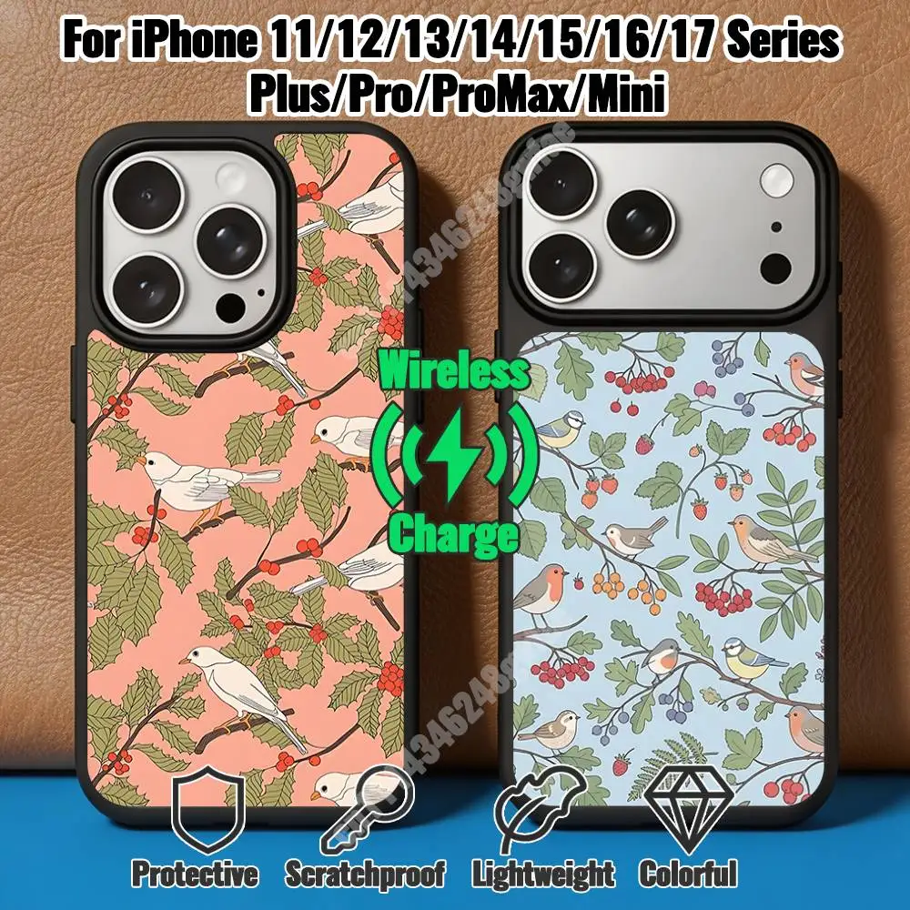 Folk Flower Bird Country Garden Magnetic Charge Case for iPhone 17 16 Pro Plus 15 14 Max Mini 13 12 11 Secure Protector