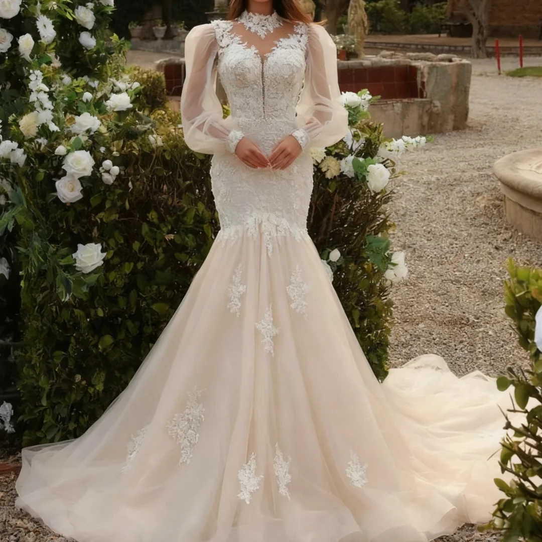 

Элегантное великолепное свадебное платье принцессы с аппликациями и бисером, свадебное платье русалки с высоким воротом и пышными рукавами, 2025 по индивидуальному заказу