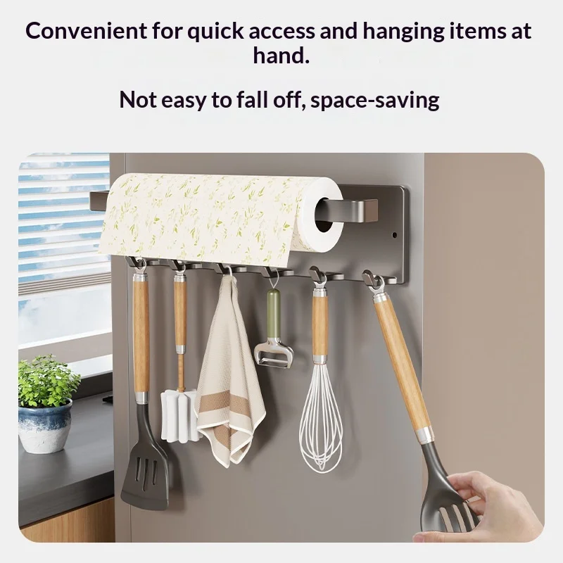 Imagen 3: Portarrollos de Papel Magnético para Refrigerador con 6 Ganchos, Soporte para Rollo de Cocina, Organizador de Refrigerador para Montar en la Pared, Sin Perforaciones, 26 cm