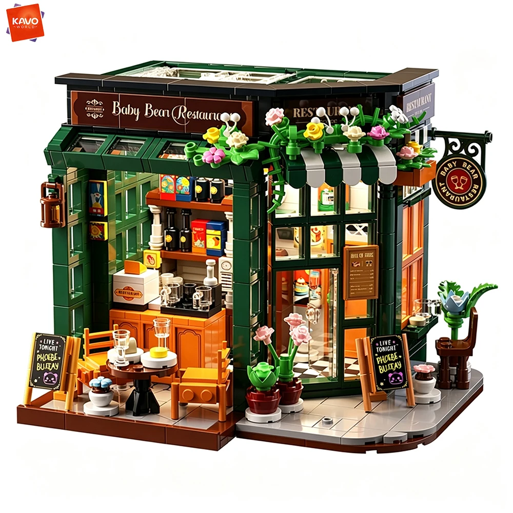 KAVOWORLD 1016-delige schattige beer restaurant stad bouw straatbeeld blokkenset mini restaurant architectuurmodel cadeaus voor kinderen