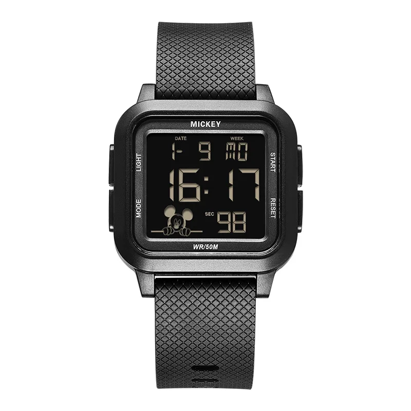 

Оригинальные наручные часы Disney с Микки Маусом, квадратные, многофункциональные, электронные, студенческие, светящиеся, с силиконовым ремешком, 229