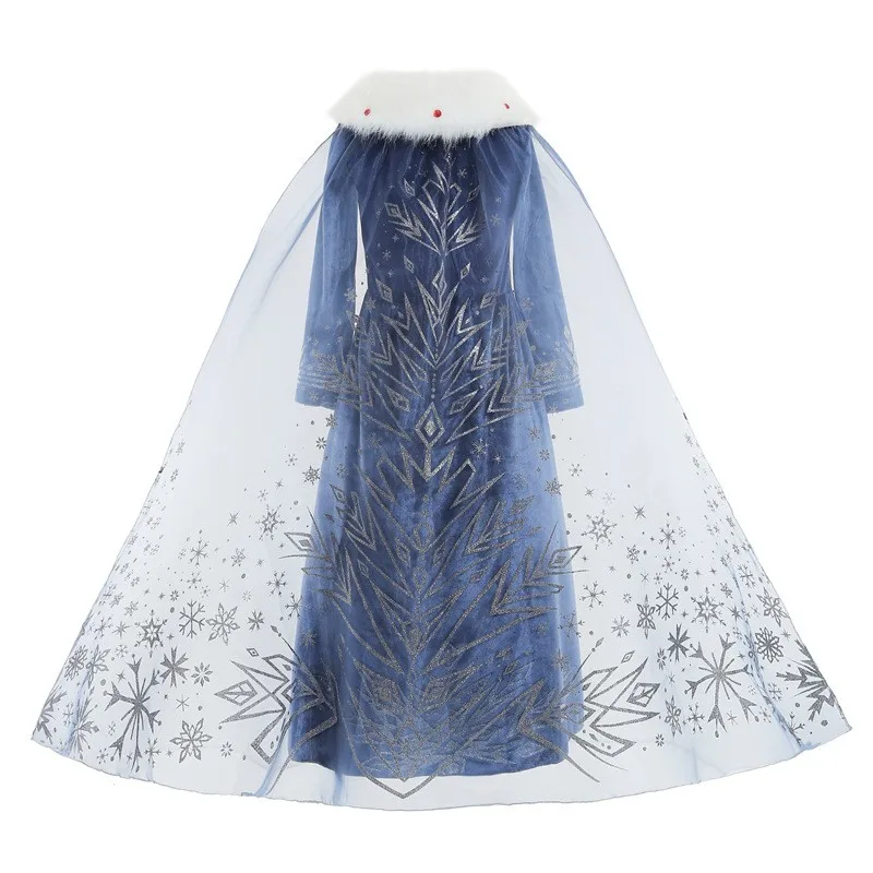 El mismo vestido de princesa Elsa de Frozen de Disney, cuello de piel de Elsa, ropa estampada de manga larga cálida de invierno azul con capa de muñeca 2-10T