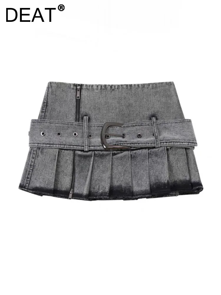 

DEAT Women's Denim Skirts High Waist Wide Belt Washed Grey Spliced Zipper Pleated Mini Skirts 2024 Autumn New Fashion 11A0129