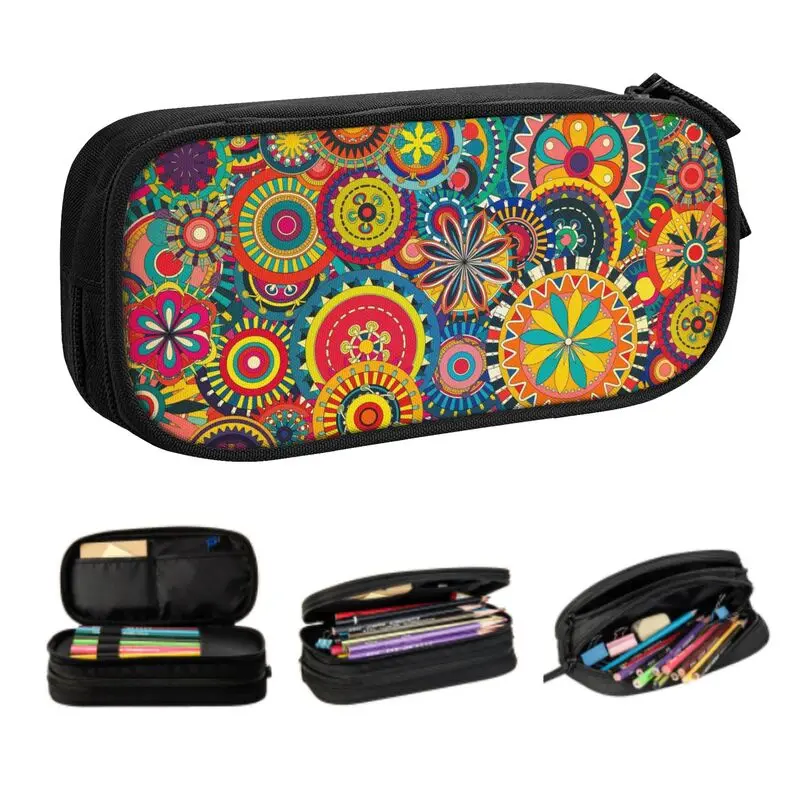 Custom Colorful Mexican Flower Circle Pencil Case for Boys Gilrs Big Capacity Pen Bag Box School Supplies