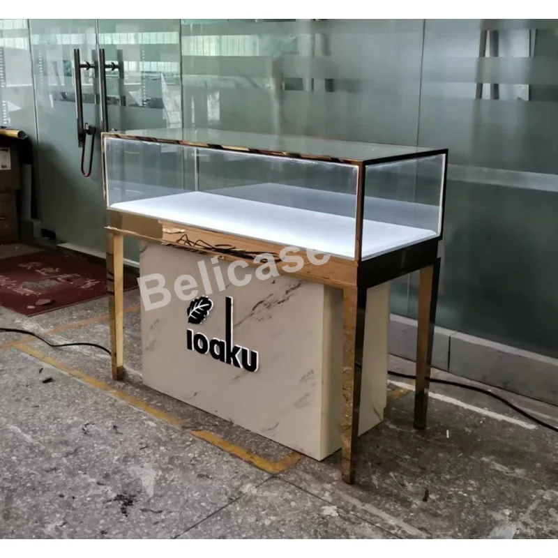 Imagem -02 - Glossy Gold Jewelry Store Cabinet Retail Led Glass Counter para Jewelry Shop Lockable Custom