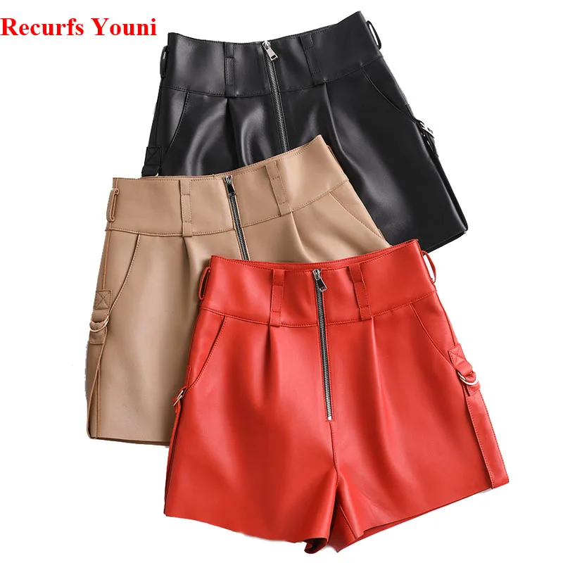 Women Shorts Genuine Leather Pants Feminino 2024 Winter Harajuku Beige Casual Zipper Wide High Waist Loose Leg Pantalones