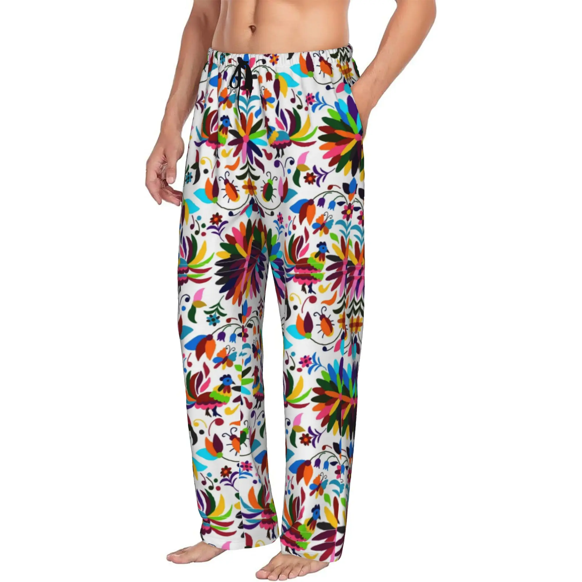 Custom Mexican Otomi Viva Pajama Pants Men's Mexico Flowers Texture Sleepwear Lounge Sleep Bottoms Stretch with Pockets