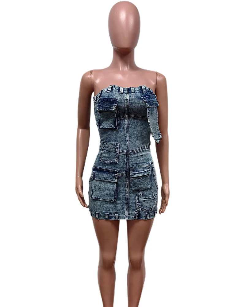 WEIRD PUSS Y2K Vintage Denim Dress Women Hipster Fall Fashion Zip Pocket Skinny Streetwear Classic Strapless Hottie Mini Bodycon