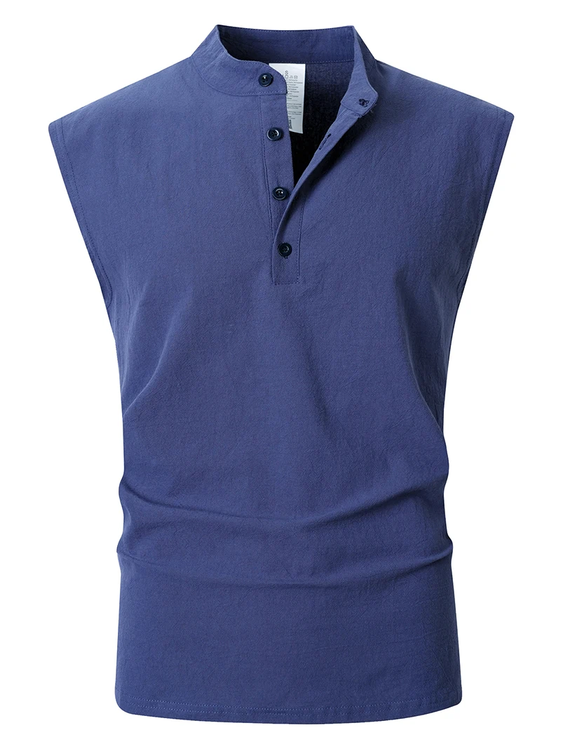 2026 Neue Herren Leinen-Henley-Tanktops mit Stehkragen, Ärmellos, Locker Sitzend, für Strand, Resort, Reisen, Alltag, Outdoor, Urlaub, Freizeit-Weste – Detail 7