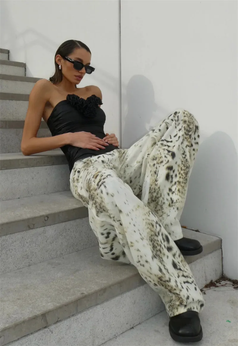 New Trendy Leopard-print Jeans for Women American Vintage All-match Wide Leg Pants Women Summer Fashion Popular Pants Women