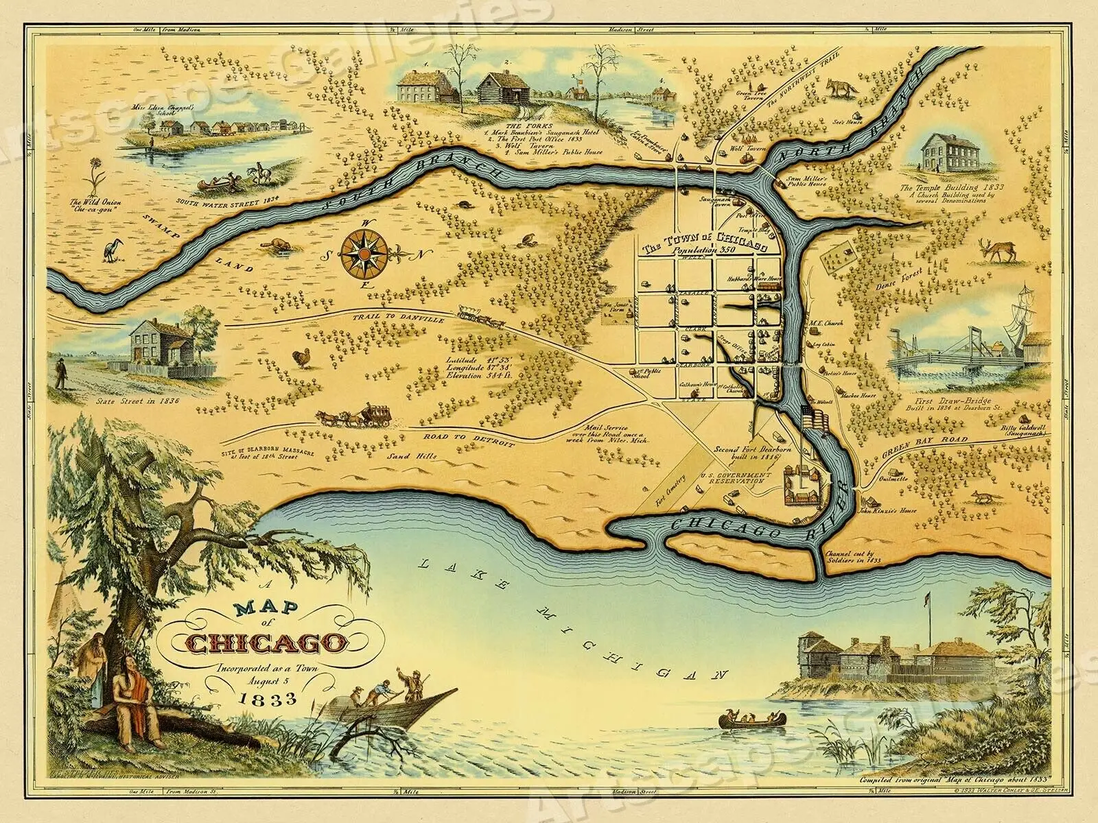 1833 Historic Map of Chicago Illinois Vintage Style Map Art Picture Print Silk Poster Home Wall Decor