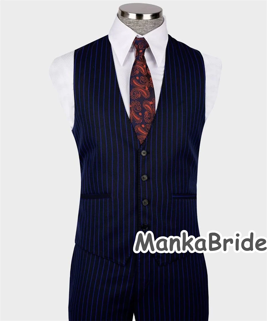 Classic Navy Blue Stripe Men's Suit for Wedding Customized 3PCS Blazer Vest Pants Formal Business Party Men's  Clothing 정장