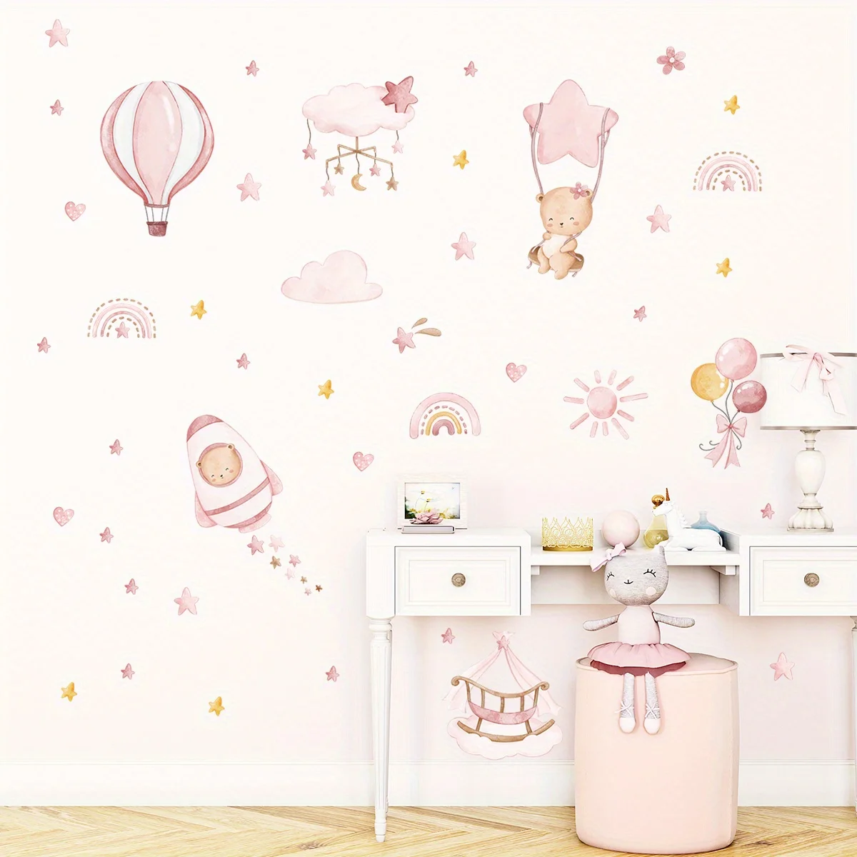 Cartoon Cute Pink Hot Air Balloon Rainbow Brown Bear Wall Stickers for Kids Room Living Room Nursery Decoration Wall Decals