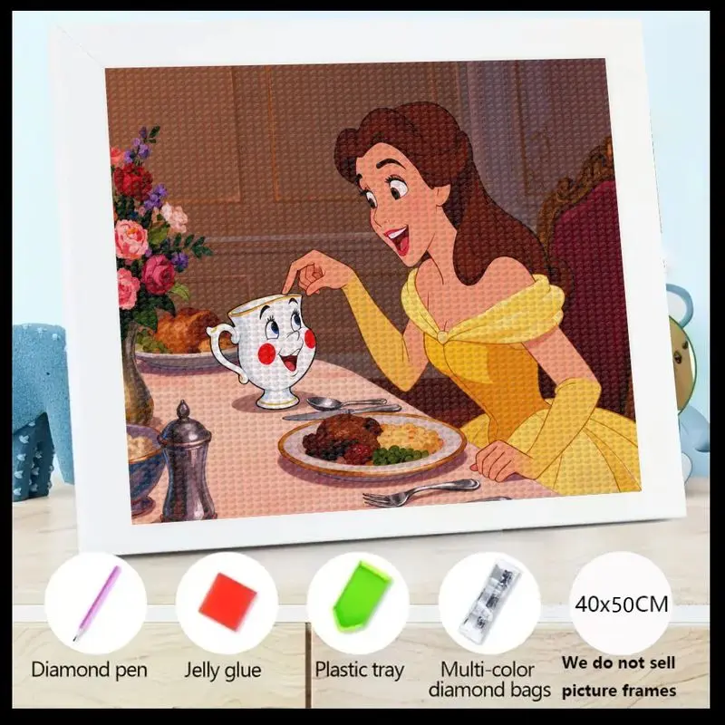 

1PC 5D Disney Princess Belle & Chip Diamond Painting Kit, Beauty and the Beast Cartoon Full Drill Round Gem Art, 40x50CM Large D