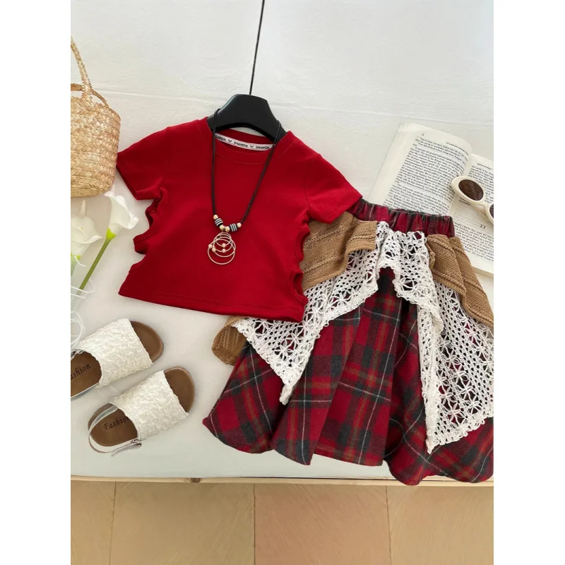 

2025Summer Fashion Girls' New Versatile Short Sleeve Patchwork Plaid Long Skirt Set Trendy Ethnic Style Short Sleeve0156