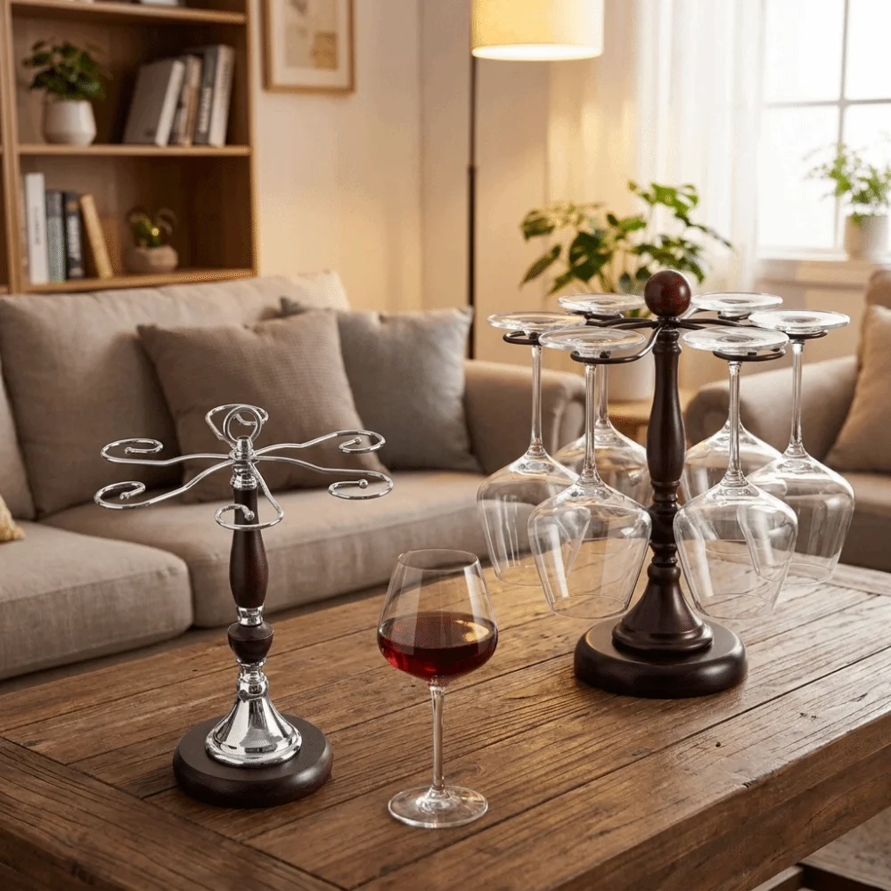 

Wooden 6 Bottles Wine Glass Rack Large Capacity Freestanding Upside Down Wine Glass Holder Space Saving High-Stem Glass Holder