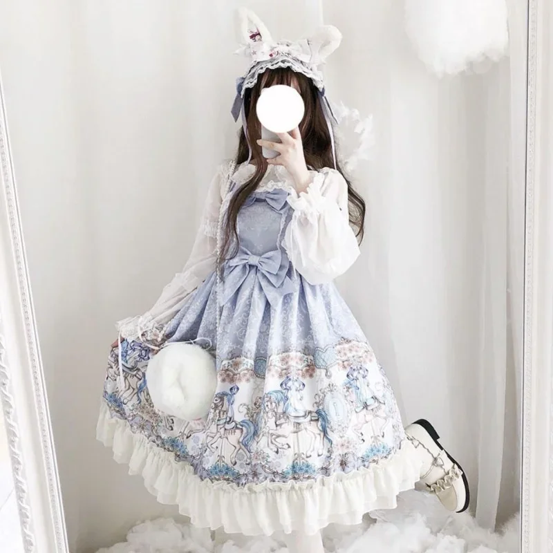 Robe Japonaise Lolita Jsk Kawaii pour Femme, Tenue de Princesse avec Nministériels d Imprimé, Ligne A, Bretelles de Tea Party, 03/été