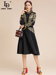 LD LINDA DELLA Fashion Runway Autumn Dress Women Long sleeve Luxury Gold Glitter Embroidery Balck Midi Party Dress Vestidos