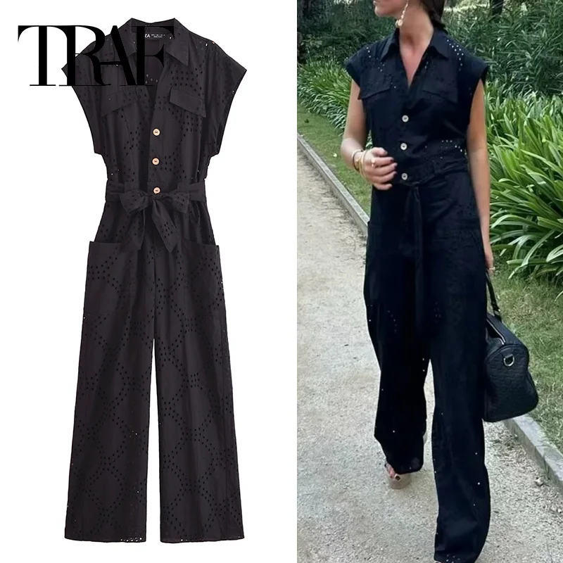 

TRAF Embroidery Long Jumpsuits For Women Cut Out Black Jumpsuit Woman Belt Wide Leg Playsuit Summer Elegant Women's Overalls