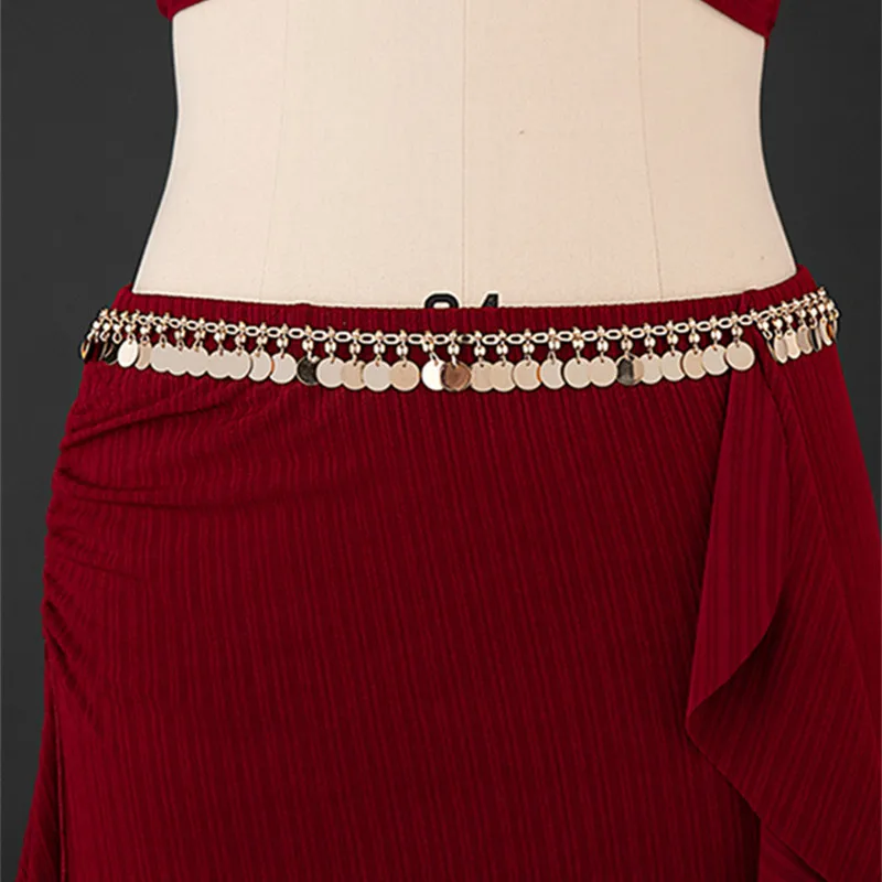 2025 Vestito da danza del ventre da donna Costume da spettacolo teatrale Manica lunga con volant Gonna con spacco laterale Pantaloni a vita alta Cintura da spettacolo per ballerini di squadra