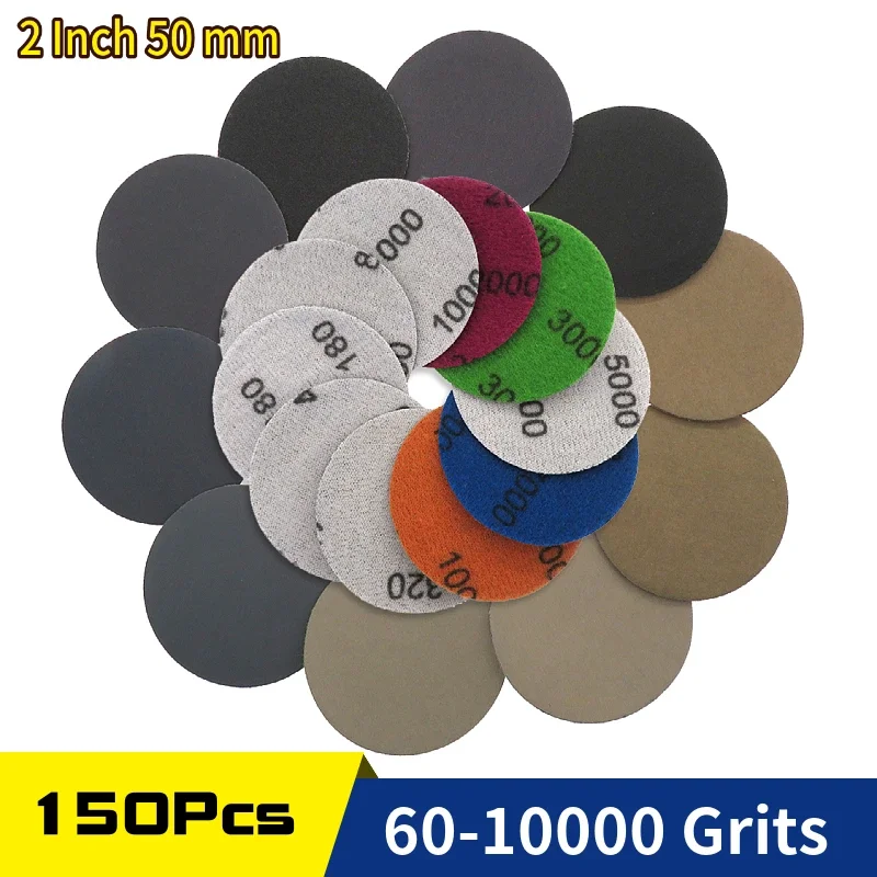 150Pcs 2 Inch Waterproof Sandpaper 50mm Sanding Discs Hook & Loop Wet/Dry 60-10000 Grit For Car Metal Phone Wood Polishing