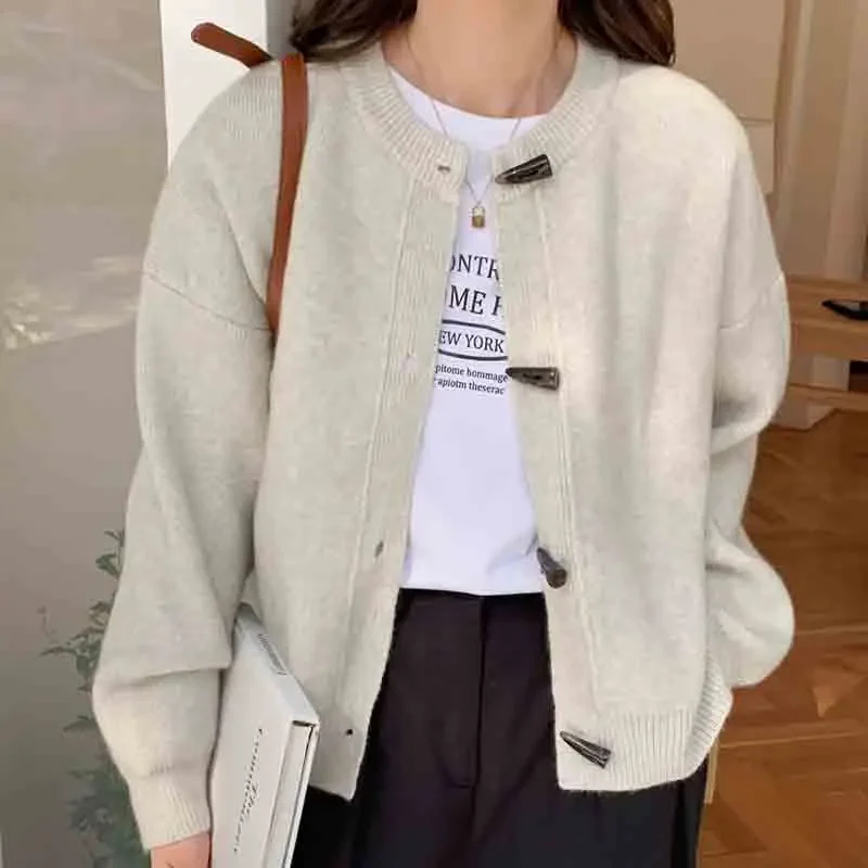 

Autumn Winter New Casual Soft Knitwear Women's Horn Button Sweater Cardigan Korean Loose All-Match Knitted Coat Female