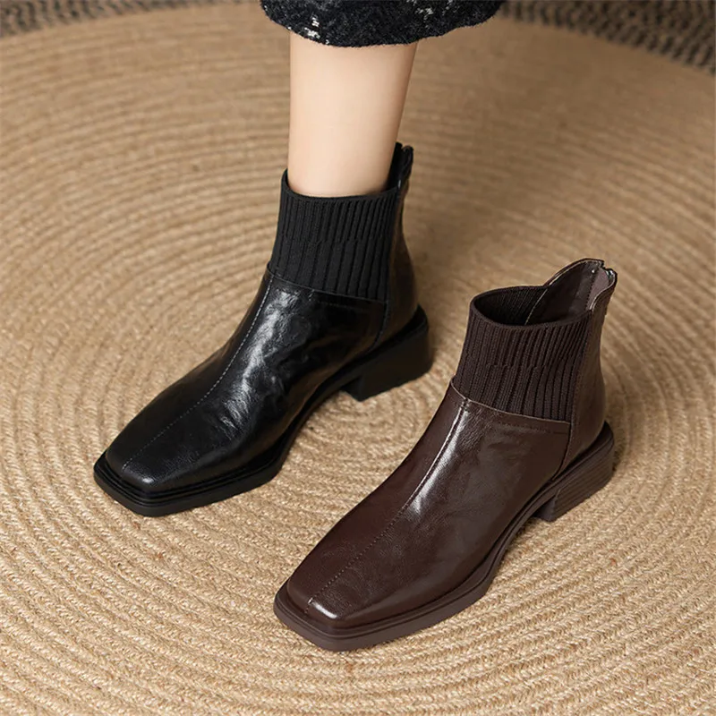 

New Autumn Winter Sheep Leather Women Boots Square Toe Short Boots for Women Fashion Retro Mid Heels Ladies Shoes Chelsea Boots
