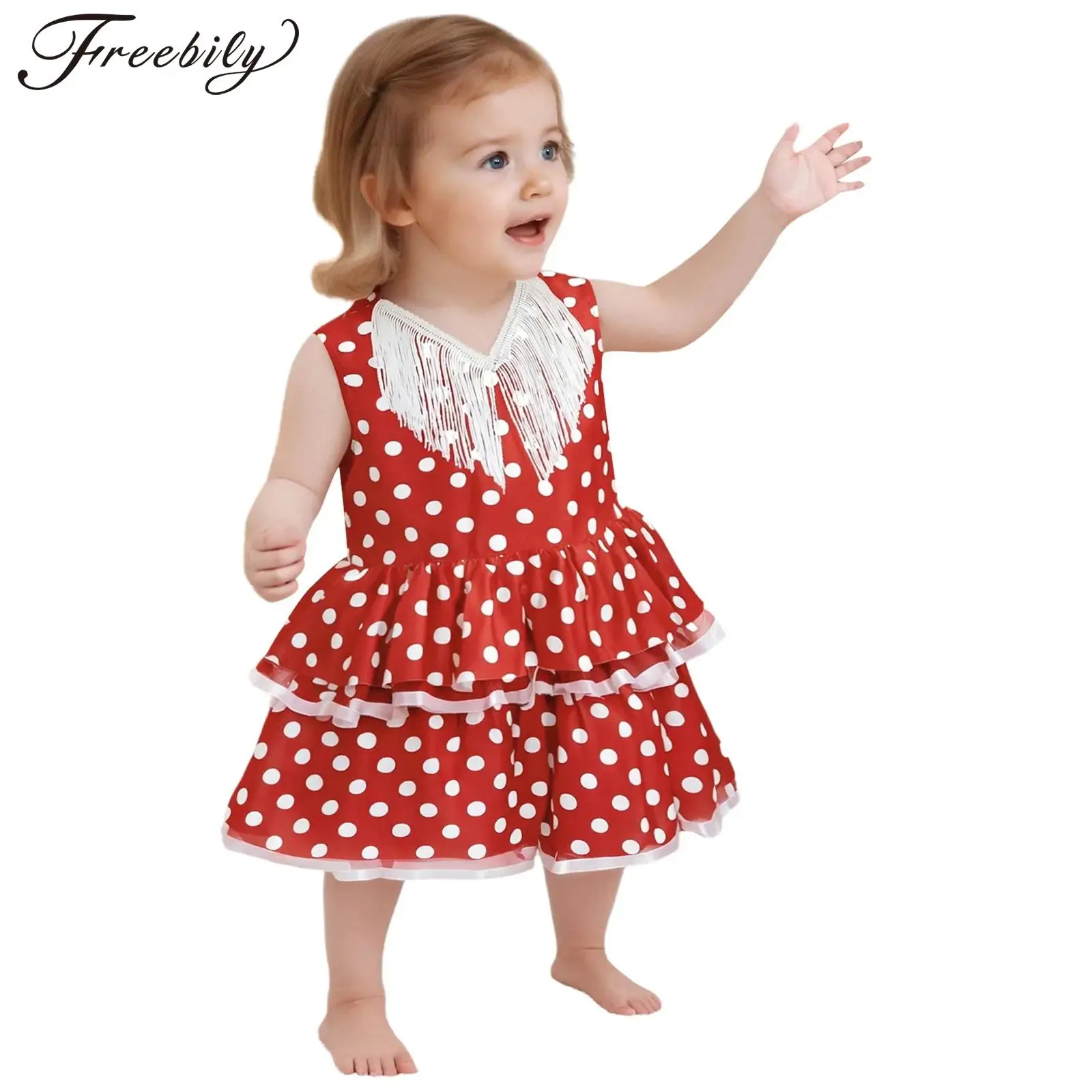 Vestido de baile Flamenco español para niñas pequeñas, sin mangas, con borlas, lunares, tutú de malla, vestido en capas, disfraz de fiesta de cumpleaños y Halloween