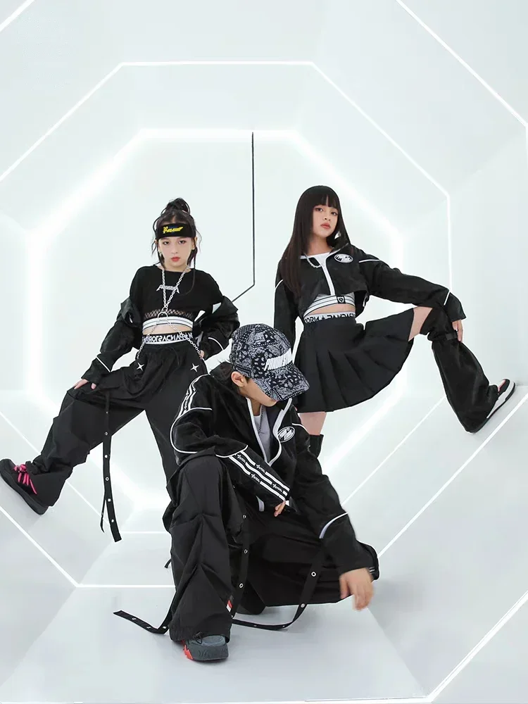 Boys Street Dance Clothes Sets Black Long Sleeve Coat Baggy Pants Teenagers Fashion Drum Show Suit Group Performance Costumes