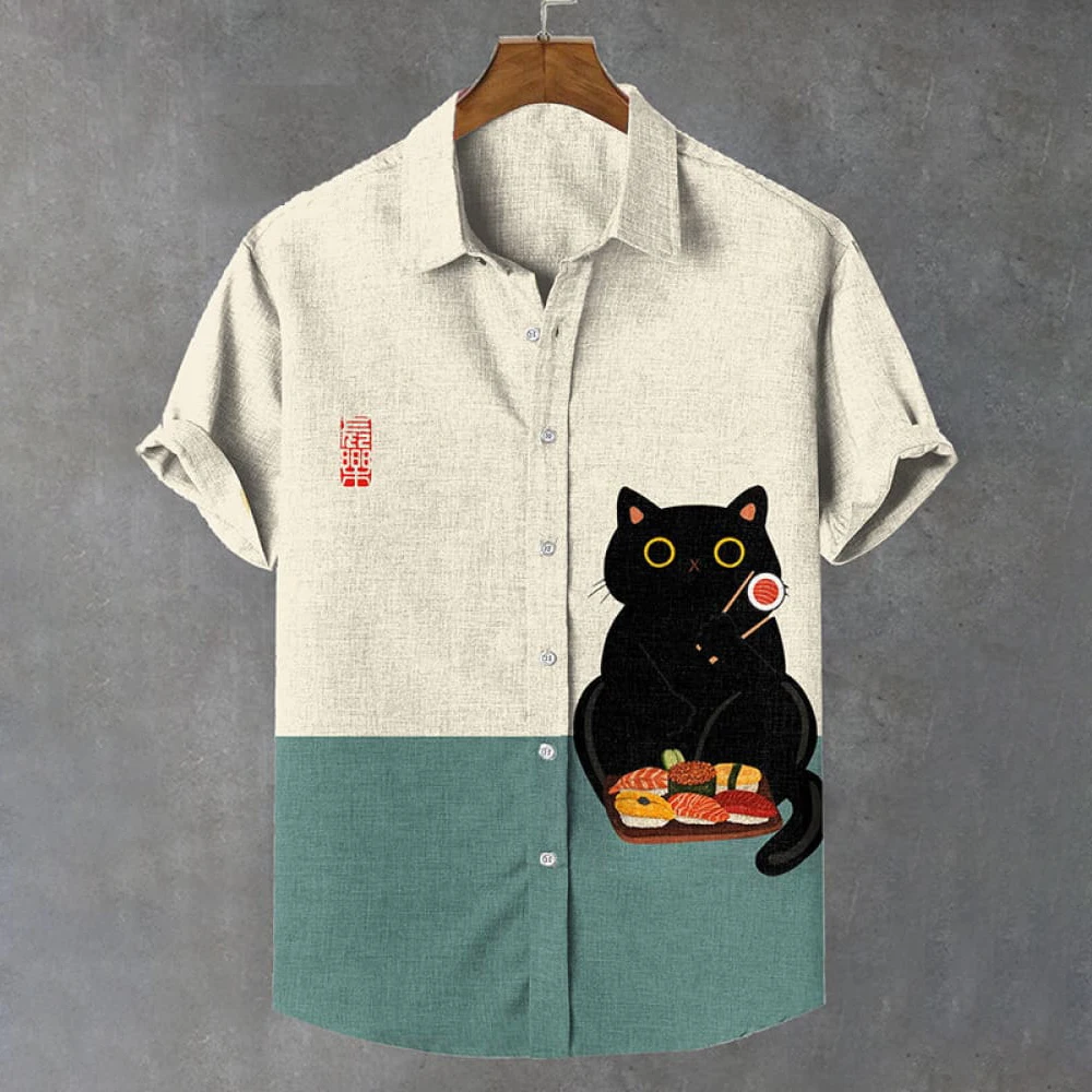 Summer Men\'s Shirt Animal Pattern Print Cat Shirts Casual Short Sleeve Streetwear Fashion Male Oversized Clothing Cardigan Top