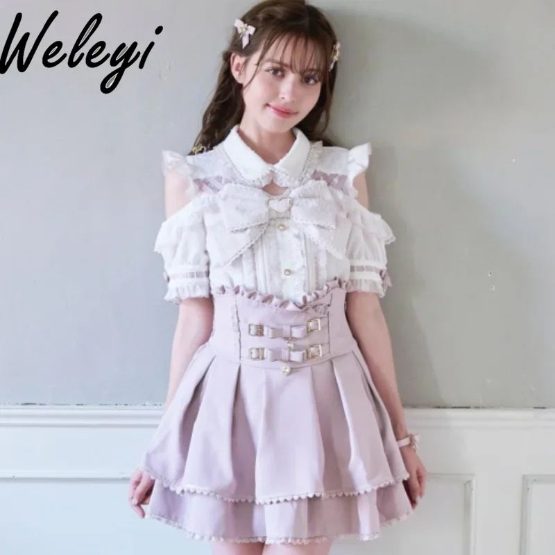 Jirai Kei Style Shirt Mine Series Off-Shoulder Pearl Collar Blouse Student Japanese Cute Girl Sweet Big Bow Short Sleeve Shirts