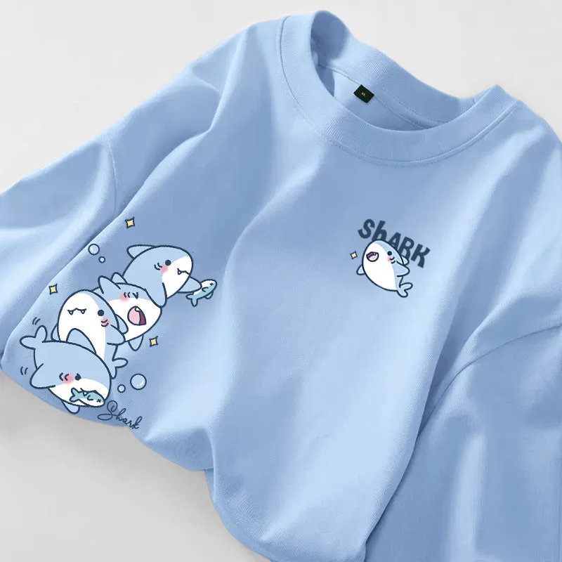 T-shirt à manches courtes d'été, imprimé requin de dessin animé, simple, décontracté, ample et polyvalent