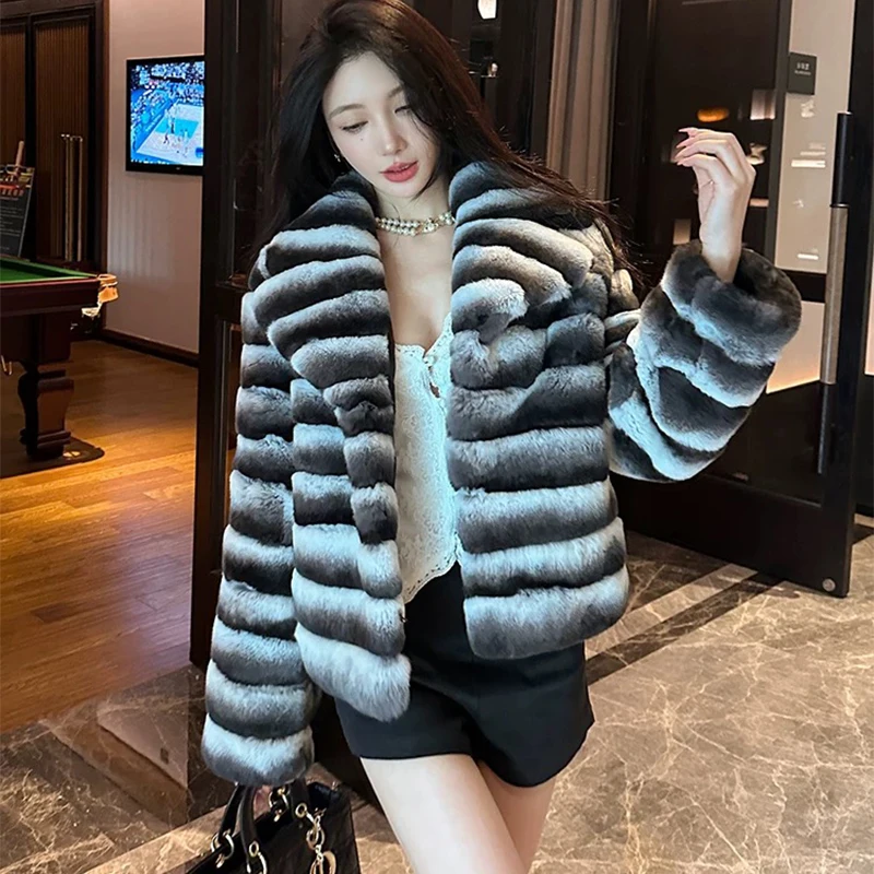 2024 Hot Sale Women Winter Chinchilla Striped Soft Natural Rex Rabbit Jacket Coat Real Rex Rabbit Fur Collar Outerwear